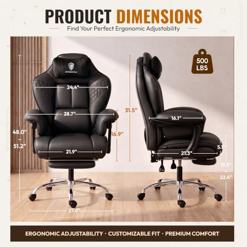 Dowinx Big and Tall Gaming Chair with Footrest for Home Office 500LBS Black | High Back Leather Office Chair, Extra-Wide & Thick-Padded Seat Cushion with Ergonomic Lumbar Support and Soft Linkage Armrest - Image 3