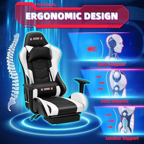 ECOTOUGE White Ergonomic PC Massage Gaming Chair with Footrest | Reclining Racing PU Leather, Swivel Rocker, Headrest, Lumbar Pillow, Office Desk Chair, Adjustable Height, Sturdy Base - Image 4