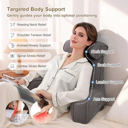 Reading Pillow for Sitting Up in Bed, Sofa & Floor – Corduroy Backrest Pillow with Arms, Side Pockets & Washable Cover, Bed Rest Pillow Back Support, Dark Grey - Image 3