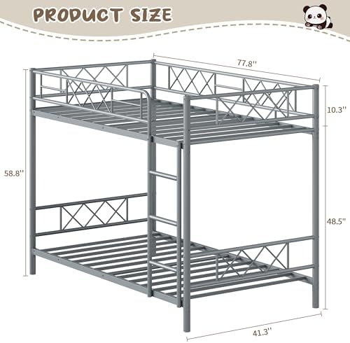 Garvee Bunk Bed Twin Over Twin with Extra High Guardrail, Heavy Duty Metal Frame & Sturdy Slats, No Box Spring Needed, Space Saver, Gray - Image 2