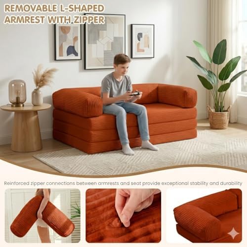 Convertible Sofa Bed Queen,5-in-1 Boneless Couch with Removable Armrests & Handle,Corduroy Futon Sleeper Sofa,Floor Folding Mattress Pull Out Bed for Small Space Apartment Living Room Bedroom,Orange - Image 4