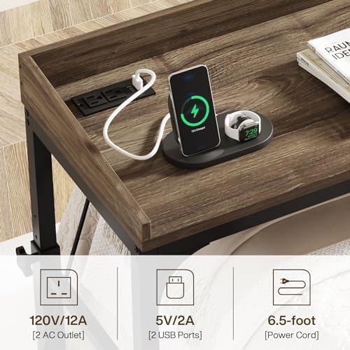LITTLE TREE Overbed Table with Wheels Adjustable Height, Rolling Table with Outlets & USB Ports for Queen Bed, Giant Adjustable Over the Bed Desk with Tilt Stand, Grey - Image 5
