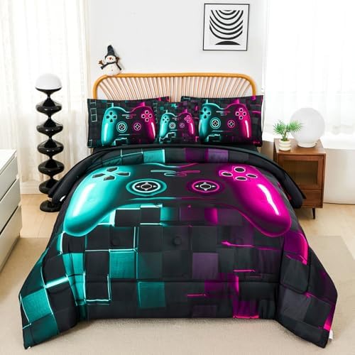 PERFEMET Game Boys Twin Bedding Sets 6 Pieces Purple Teal Gaming Comforters by PERFEMET