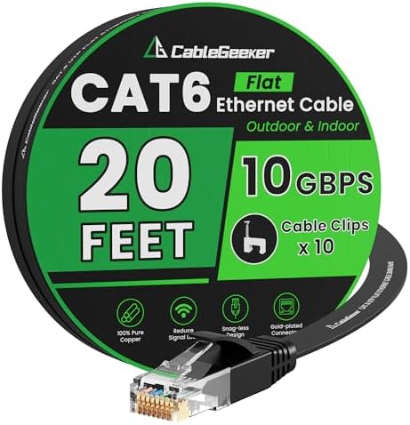 CableGeeker Cat 6 Flat Ethernet Cable 20ft, 10Gbps, Black by CableGeeker
