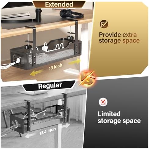 [Upgraded] 2 Pack Under Desk Cable Management Tray, Cinati Cord Organizers for Table Thickness up to 3", 16" Wire Organization with Clamp No Drill, Cable Management Box for Office - No Damage to Desk - Image 2