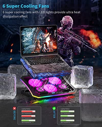 Laptop Cooling Pad, KeiBn RGB Laptop Cooler for 15.6-17.3 Inch Laptops, with 10 Modes Lights | 6 Fans | 7 Height Stands | 2 USB Ports | Desk or Lap Use (A8/Purple) - Image 2
