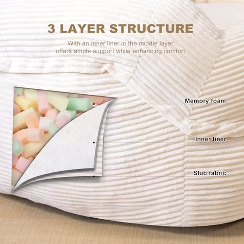 Giant Bean Bag Chair for Adults, Oversized Floor Lounge Chair with Armrests | White, soft corduroy and resilient foam for living rooms, bedrooms, reading nooks, gaming rooms, movie nights, and pets - Image 5