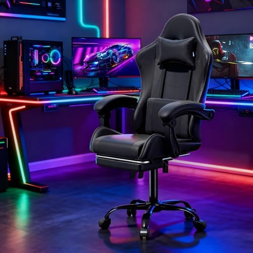 Magshion Video Gaming Computer Chair with Footrest, Black | Ergonomic, Lumbar Support, Adjustable Height, Racing Style, High Back Recliner, Comfy Leather, Swivel Seat, for Home Office - Image 2