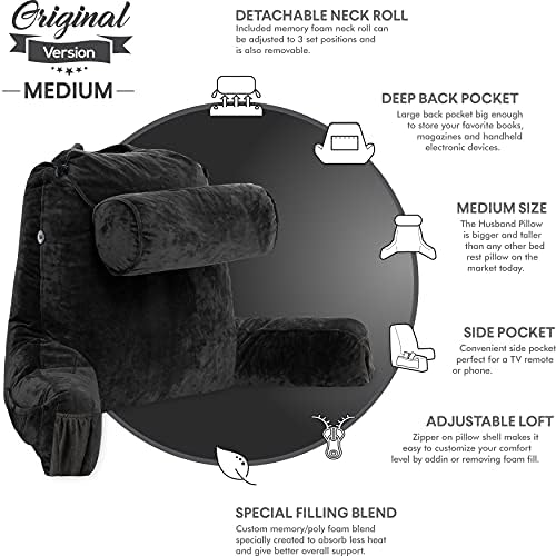 Husband Pillow Medium Reading Pillow with Arms - 23" Backrest for Sitting Up in Bed - Firm Support Bed Rest Pillow for Adults, Neck Roll, Removable Cover - TV, Reading, Lounging - Black - Image 5