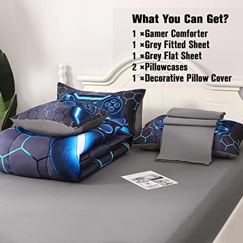 JQinHome Twin Gamer Comforter Set for Boys,6 Piece Bed in A Bag 3D Video Game Bedding -All Season Soft Microfiber Down Alternative Comforter Gamer Bedding Sets for Kids - Image 6