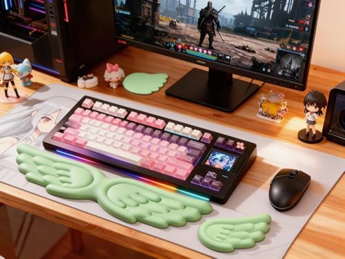 Angel Wing Wrist Rest Ergonomic Memory Foam Wrist Rest for Computer Keyboard Mouse Set with Cup Mat, Cute Gaming Keyboard Cushion Hand Support PU Leather Surface Anti-Slip Waterproof (Green) - Image 5