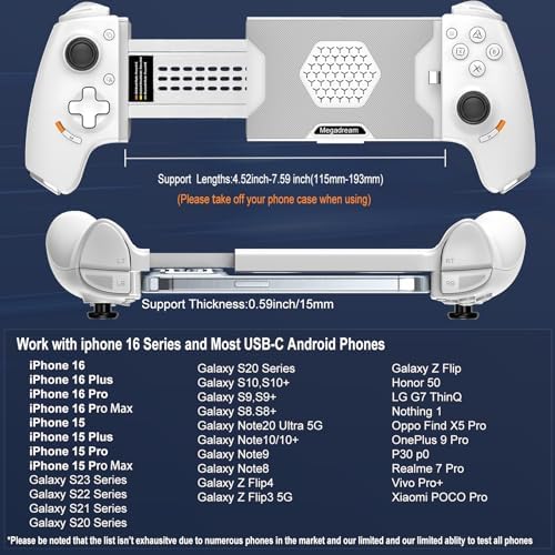 Phone Controller for iPhone 17/iPhone 16/iPhone 15/Android USB C Mobile Gaming Controller with 3.5mm Audio Jack, Remote Player Gamepad for PS5/PS4/Xbox/PC, Cloud Game, Plug and Play, Hall Joysticks/Hall Trigger, 2 Mappable Buttons, White - Image 6
