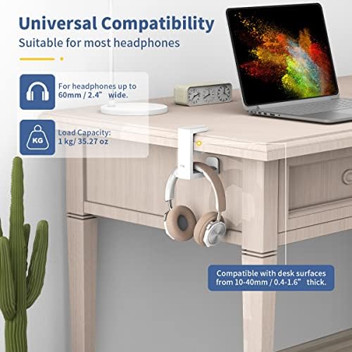 KIWIFOTOS Headphone Stand Holder Under Desk, PC Gaming Headset Hook Hanger Mount with 360 Adjustable Rotating Arm Clamp & Built in Cable Clip - White - Image 4