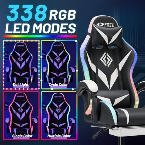 LED Gaming Chair with Speakers RGB Lights Massage Computer Chairs-White | Bluetooth Game Chairs for Adults;Ergonomic High Back Video Game Chair; Reclining Gamer Chair with Footrest Lumbar Support - Image 4