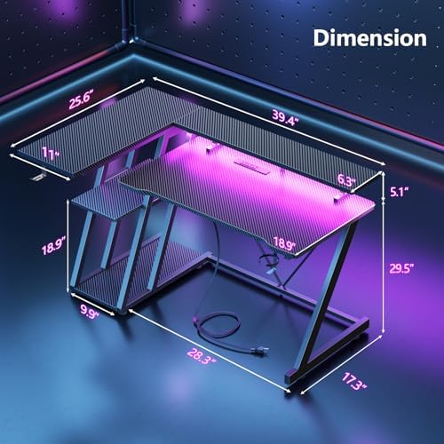 Korfile 40 Inch Gaming Desk with Power Outlet & LED Lights, L Shaped Computer Gaming Table with 3 Tiers Storage Shelves, Corner Gamer Desk with Monitor Stand for Small Space, Carbon Fiber Black - Image 2