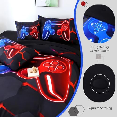 6 Pieces Full Size Kids Comforer Set for Boys Blue and Red Gaming Bedding Set 3D Honeycomb Gamer Bed in a Bag Game Console Printed Teen Boy Bed Comforter Sheet Set (Blue Red, Full) - Image 5