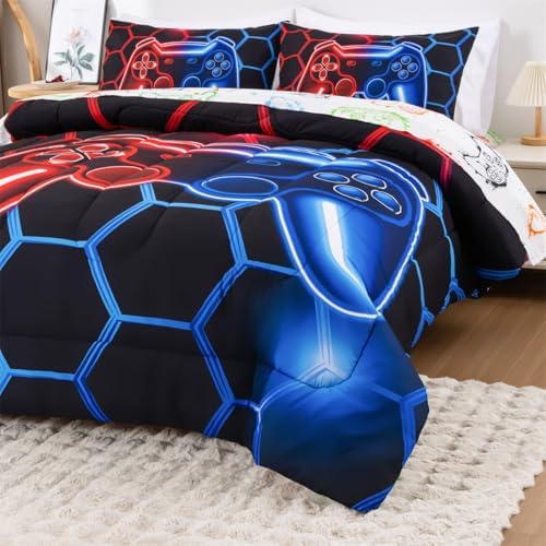 NTBED Game Console Comforter Set for Boys Girls Kids Geometric Lightweight Microfiber Bedding Sets (Red Blue, Full 5Pcs) - Image 4