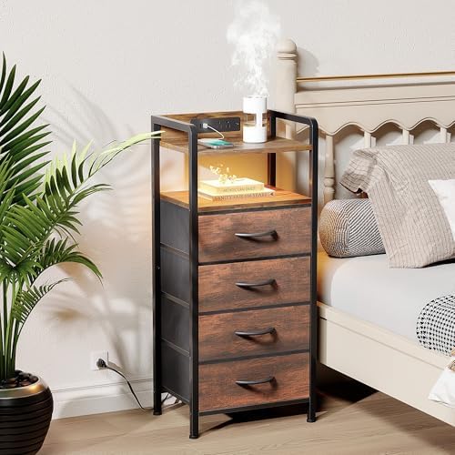 Lazzanto Nightstand with Rear Charging Station, LED Light, 4 Drawers, Brown - Image 2