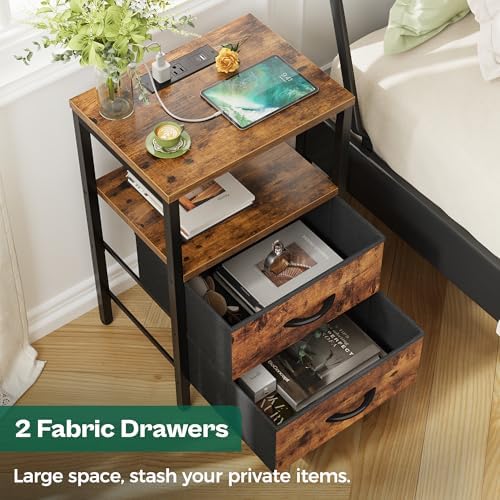 Huuger Nightstand with Charging Station, Side Table with Fabric Drawers - Image 6