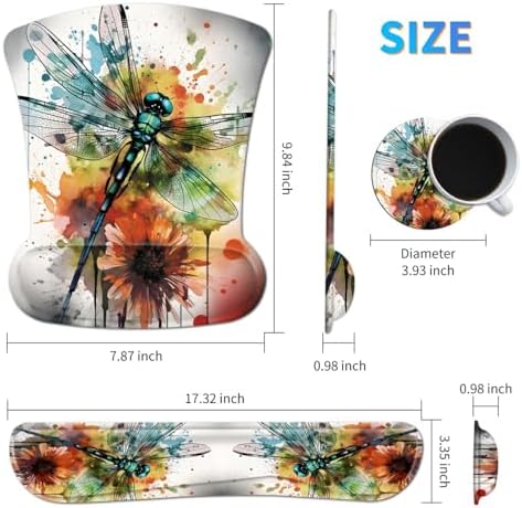 Ergonomic Mouse Pad with Wrist Support Gel Mouse Pads and Upgrade Keyboard Wrist Rest Pad Set, Coasters Non-Slip PU Base Mouse Mat for Office Gaming Computer Laptop Home, Dragonfly - Image 2
