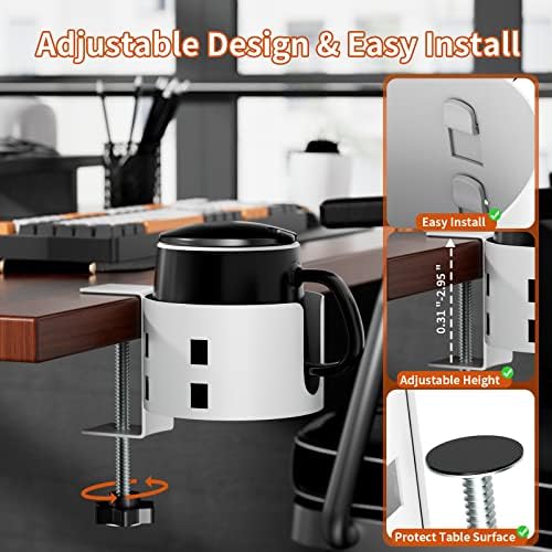 Upgraded Large Desk Cup Holder Clamp, Anti-Spill Cup Holder for Table, Durable 5 Adjustable Directions, Metal Office & PC Gaming Desk Accessories, Enough to Hold Coffee Cups, Water Bottles, White - Image 3