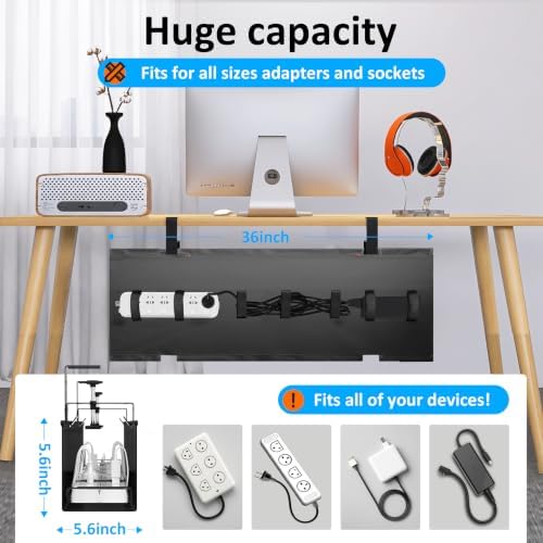 Under Desk Cable Management Tray - Under Desk Cord Management - Clamp/Screw Mount - Fabric Wire Management - Cable Raceways Tray Cord Hiders for Office/Home (Black, 36"×5.6") - Image 2