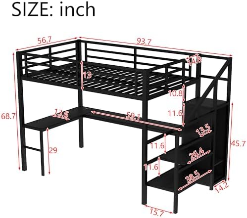 Bellemave Full Size Metal Loft Bed with L Shaped Desk and Wardrobe, Heavy Duty Loft Bed Frame with Storage Stairs, LED Loft Bed Frame with Charging Station & Safety Guard, Space Saving Loft Bed, Black - Image 2