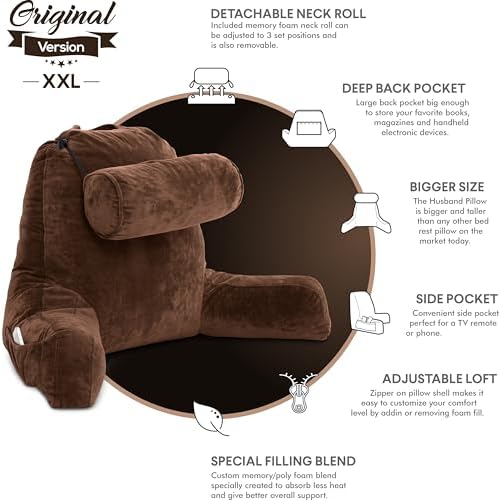 Husband Pillow XXL The Original for Adults - 30" Tall Backrest for Sitting Up in Bed - Firm Support Reading & Bed Rest Pillows for Adults, Neck Roll, Removable Cover - TV - Chocolate - Image 5