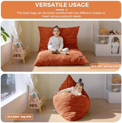 MAXYOYO 3 in 1 Kids Bean Bag Chair, Comfy Floor Sofa with Removed Cover | Convertible Chair Folds from Bean Bag to Lounger, Floor Couch with High-Density Foam Filling, Floor Sofa for Gaming, Orange - Image 4