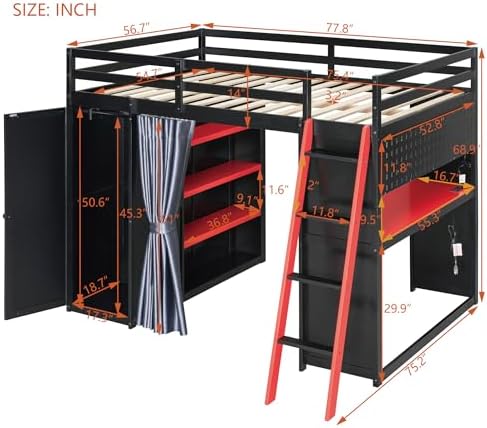 Merax Full Size Loft Bed with Desk and 6 Storage Shelves, Wardrobe, Blackout Curtain, Solid Wood Gaming Loft Bed Frame with USB Port & RGB Lights, No Box Spring Needed, Space-Saving, Black+Red - Image 2