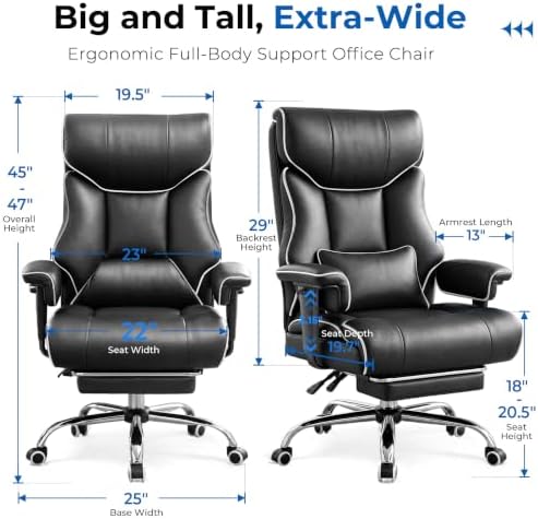 COMHOMA Big and Tall Office Chair,Heavy Duty Gaming Chair with Foot Rest and Wide Pocket Spring Cushion Reclining Height Adjustable for Home Office Work, Comfy Pu Leather Black-White - Image 2