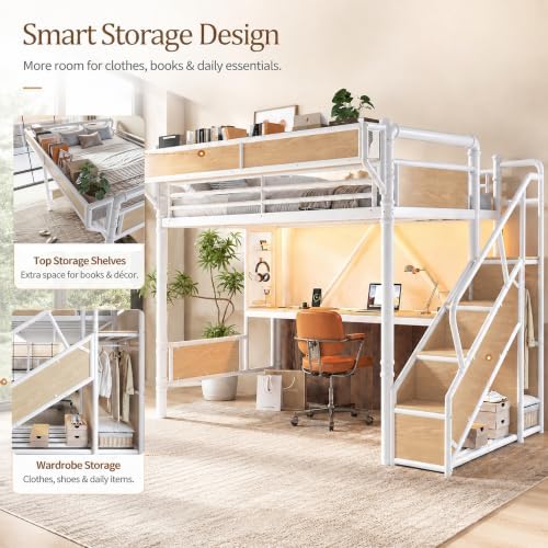 KEIKI Full Size Metal Loft Bed Frame with Storage Staircase & Built-in Desk & Wardrobe, Loft Bed with Pegboard & Mesh Storage Baskets & Slats, No Box Spring Required, Easy Assembly, for Bedroom, White - Image 6