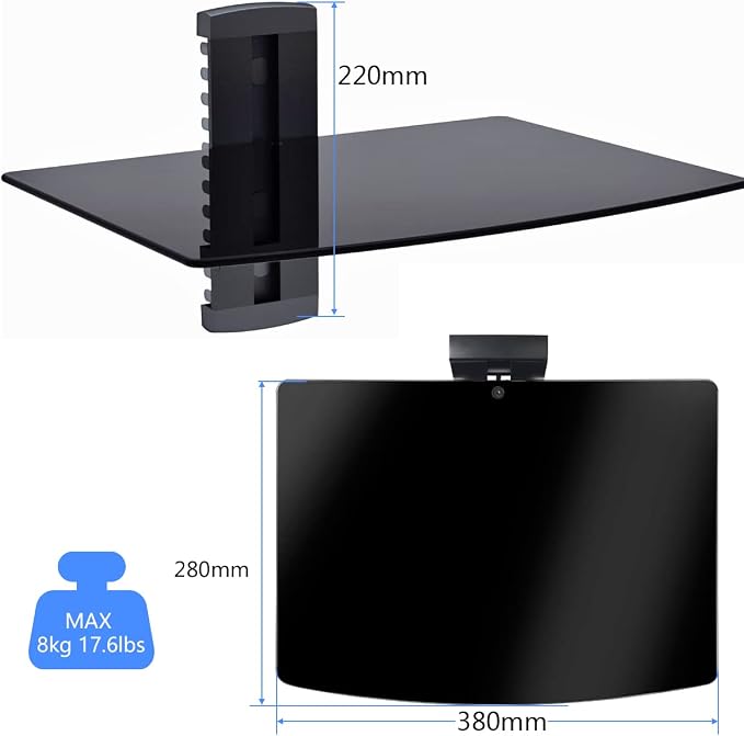 suptek Single Floating Shelf Wall Bracket with Strengthened Tempered Glass for DVD Players/Cable Boxes/Games Consoles/TV Accessories 1 Shelf, Black, CS201 - Image 3