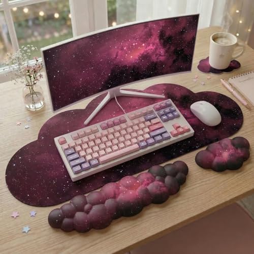 Cloud Mouse Pad Keyboard Wrist Rest for Mouse 4PCS Extended Galaxy Large Desk Mat Pad Set Memory Foam Non-Slip Cute Ergonomic Gaming Space Mouse Wrist Support for Computer Home Office Pink Black - Image 4