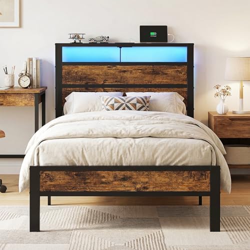 Liians Twin Bed Frame with Storage Headboard USB Charging Station, Smart LED Lights, Metal Platform Bed Easy Assembly, No Box Spring Needed by LIIANS