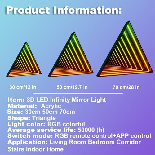 3D Infinity Mirror Light, 12in/30cm Triangle RGB Tunnel Light, 358 LEDs - Image 3
