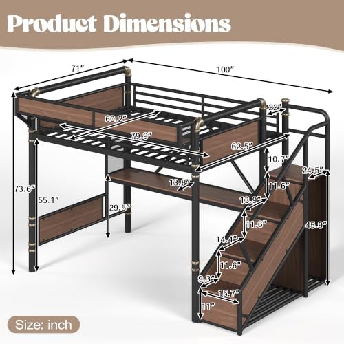 KEIKI Queen Size Metal Loft Bed Frame with Staircase & Built-in Desk & Wardrobe, Loft Bed with Pegboard & Mesh Storage Baskets & Slats, No Box Spring Required, Easy Assembly, for Bedroom, Black - Image 2