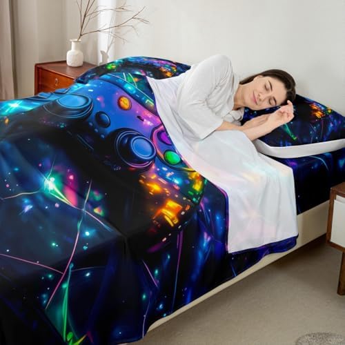 Feelyou Kids Gamer Bed Sheets Set Full Size, Galaxy Gaming Sheet Set Glitter Game Comforter Cover Boys Girls Gamepad Teens Bedspread Cover Bedroom Decor with 2 Pillow Case - Image 4