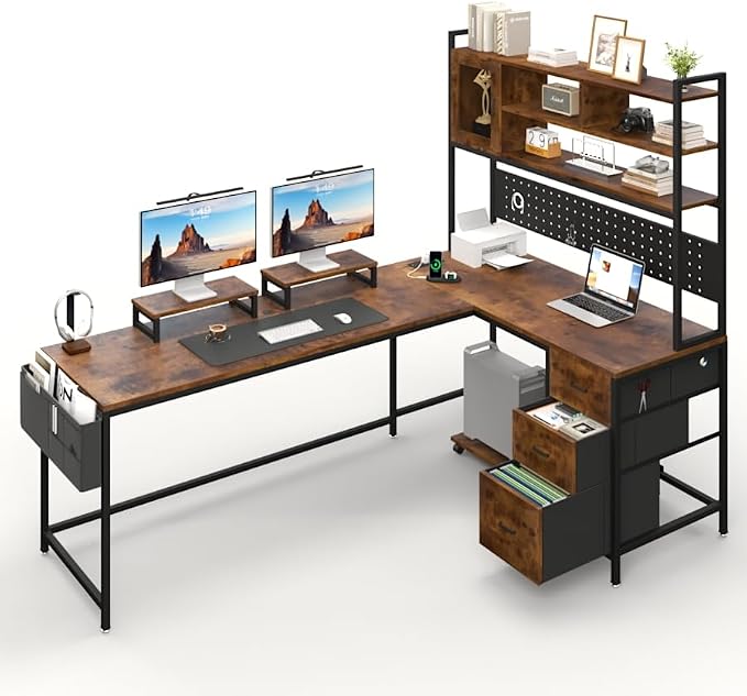 Corner L-Shaped Desk with 3 Storage Drawers, Computer Desk with Power Outlet & Pegboard, Gaming Table with Shelves and LED, Monitor Shelf and Side Storage Bag for Study Room, Rustic Brown - Image 7