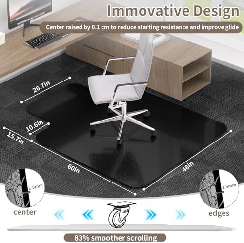 Office Chair Mat for Low Pile Carpet, 48"x60" Smooth Glide with Lip | Black-Non-Slip Studded Backing, Smooth Glide,Heavy-Duty Plastic, Extended Lip -Carpet Protector for Office, Desk, Gaming - Image 2