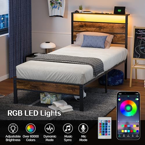 Liians Twin Bed Frame with Storage Headboard USB Charging Station, Smart LED Lights, Metal Platform Bed Easy Assembly, No Box Spring Needed - Image 3