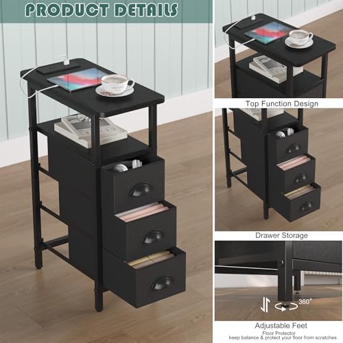 sthmec End Table with Charging Station,Narrow Side Tables with USB Ports and Outlets,Skinny Bedside Tables with 3 Drawers,Small Tables Nightstands for Small Space,Slim Sofa Table for Livingroom,Black - Image 5