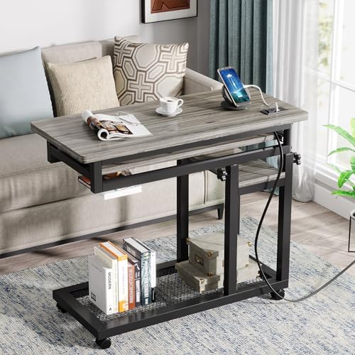 Tribesigns Small Portable Desk with Power Outlet, Height Adjustable Sofa Couch Bedside Laptop Table with Wheels, Mobile Standing Desk Rolling Computer Cart C Side Table with USB Ports - Image 3