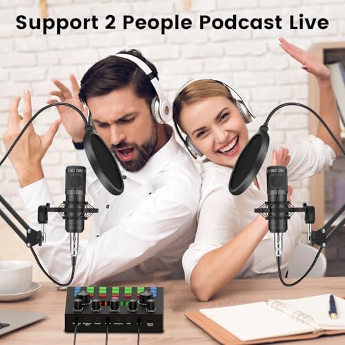 Brvomussy Podcast Equipment Bundle for 2, Audio Interface with Voice Changer Condenser Microphones for Gamer, All-in-One Audio Mixer Perfect for Live Streaming, Singing, YouTube, Gaming - Image 2