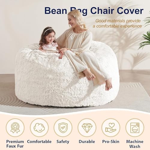 Bean Bag Cover (No Filler), Faux Fur Beanbag Chairs Covers Only, Stuffed Animal Storage Bean Bag, Giant Washable Beanbag Cover Without Filling, 5FT, White - Image 4
