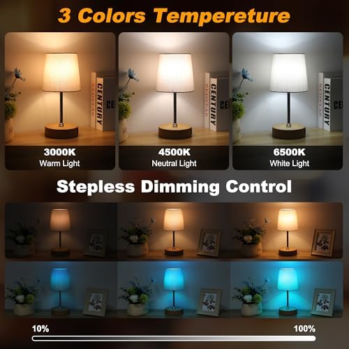 Ascher Small Bedside Table lamp Set of 2, RGB Color Changing Lamps, 3 Color Temperatures, Stepless Dimmable, Nightstand Lamp with USB C+A Ports for Bedroom Living Room, (Grey Shade, Wood Grain Base) - Image 3