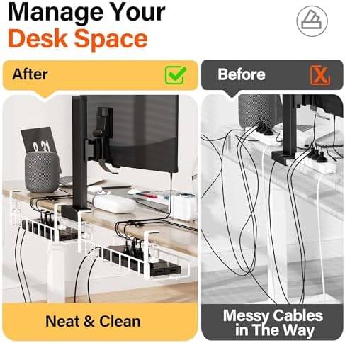 2 Pack Under Desk Tray, 31.4" No Drill Wire Management with Upgraded Clamp, Metal Cord Organizers for Desk, PC Cable Rack, White - Image 3