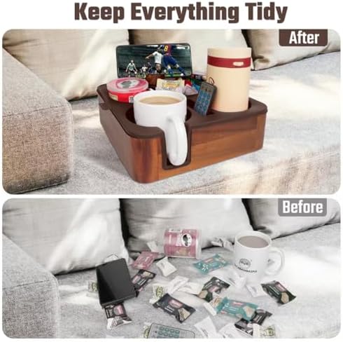 Couch Cup Holder Tray, Real Acacia Wooden Caddy with Soft Silicone, Snack and Drink Organizer- Perfect Movie Night Accessories for Bed, Remote and Cup Holders for Sofa (Coffee) - Image 3