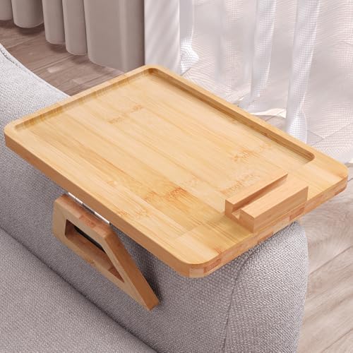 Couch Arm Tray with 360°Phone,Bamboo Folding Sofa Tray,Sofa Armrest Trays Clip-On Couch Desk for Drinks,Snacks,Phone,Remote Control（Natural） by DANFOXER