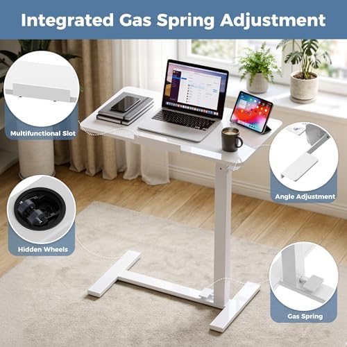 DUMOS Overbed Table with Wheels, Height-Adjustable Bedside Table, White - Image 5